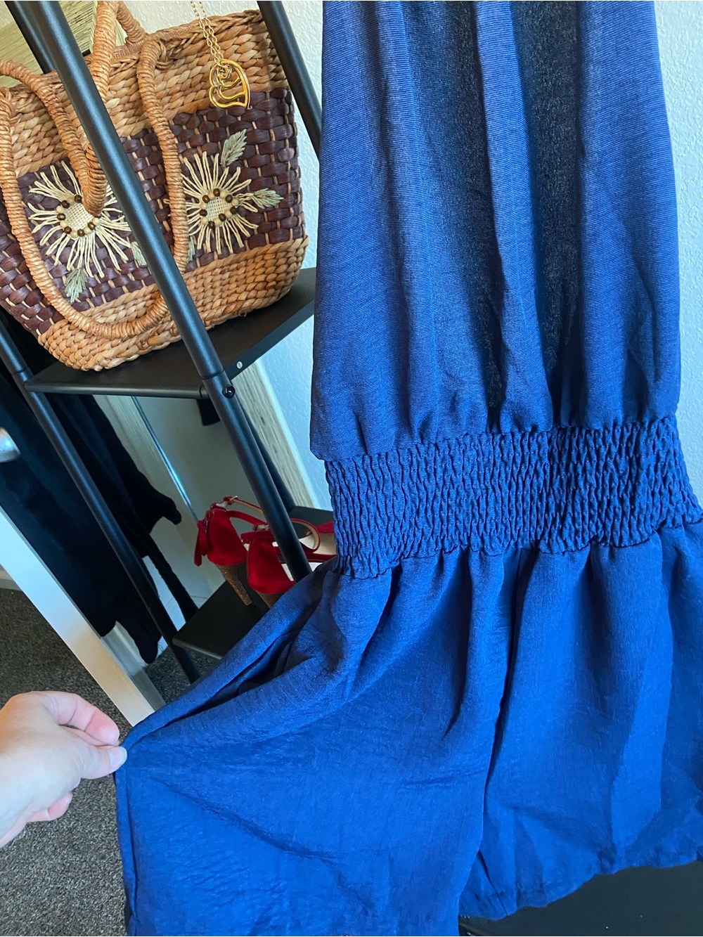 Women’s Navy Smocked Midi Dress - Casual Summer Slip Dress